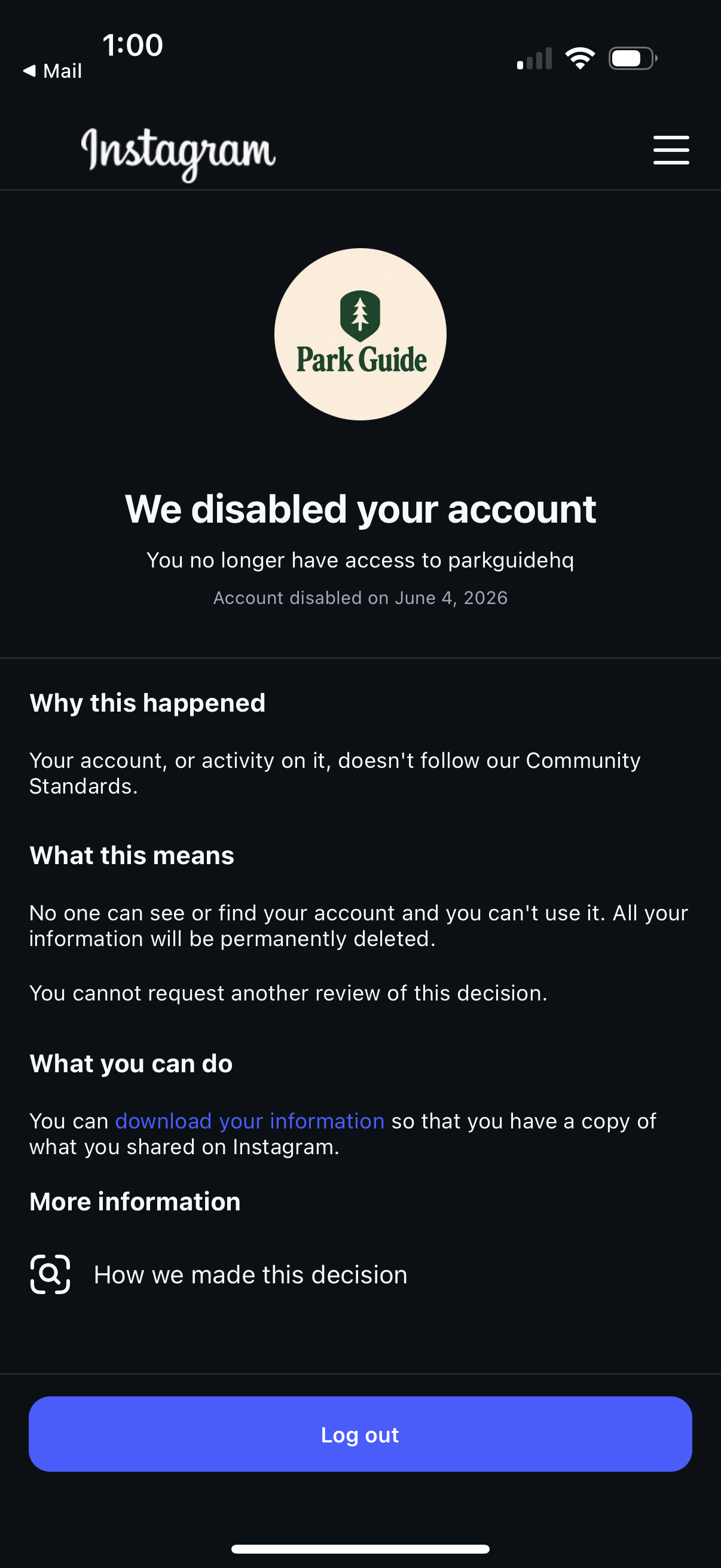 Instagram disabled account screen