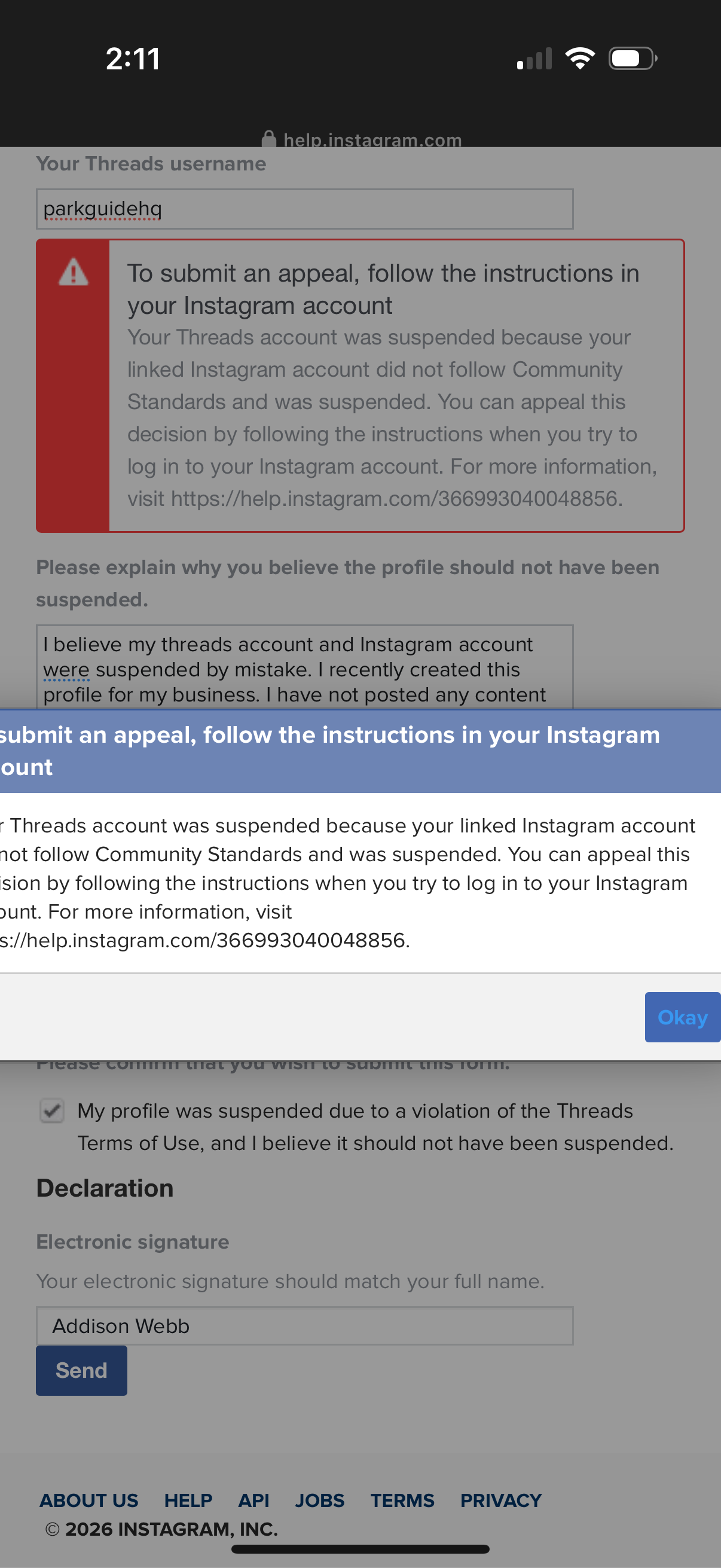 Threads appeal error message
